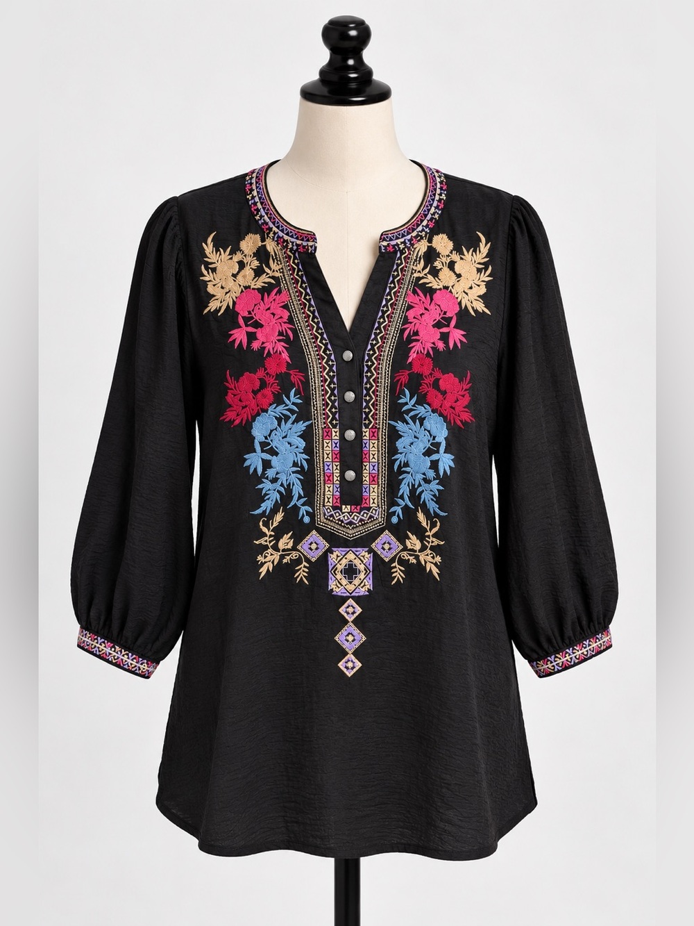 Black Embroidered Floral V-Neck Tunic with Three-Quarter Sleeves